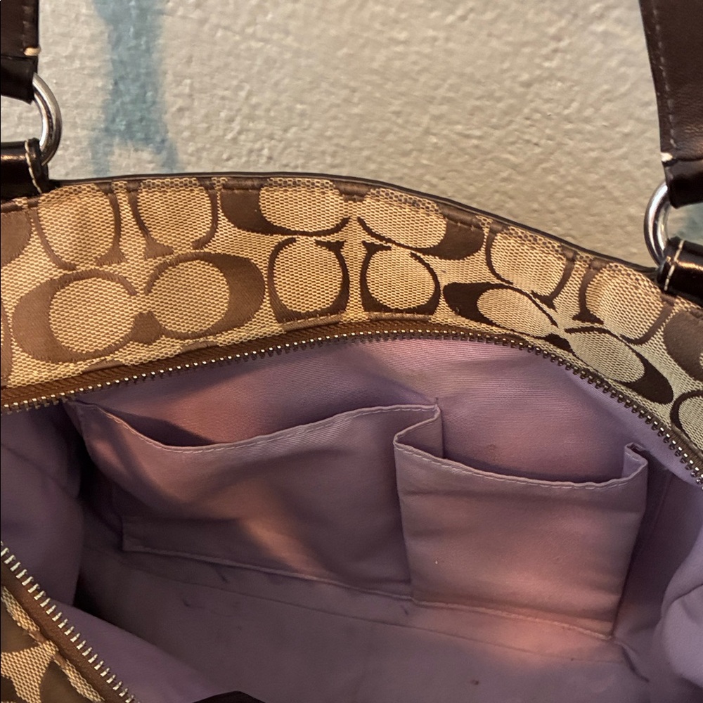 Coach Tan and Brown Signature Pleated Gallery Shoulder Handbag Tote - Picture 10 of 15